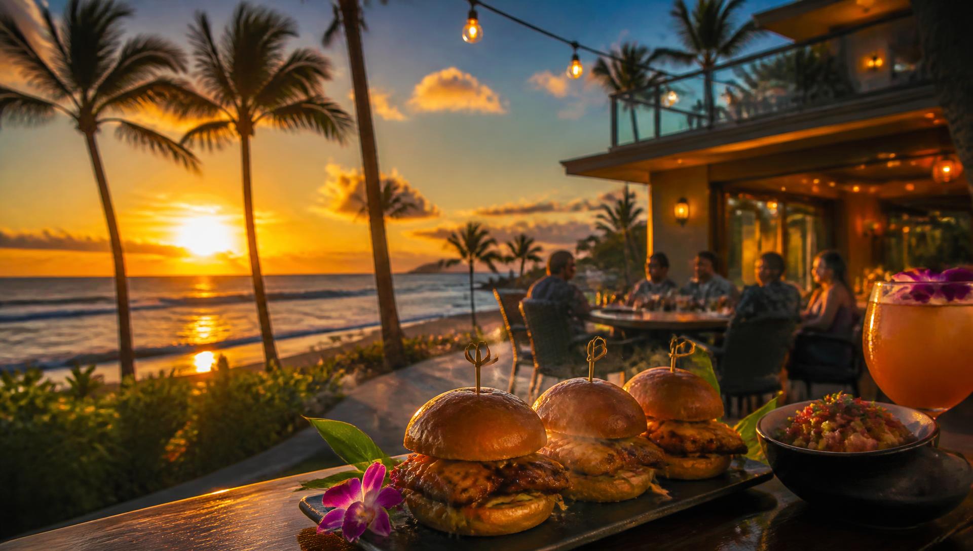 Hawaiian Castle beachfront restaurant at sunset with fresh grilled sliders
